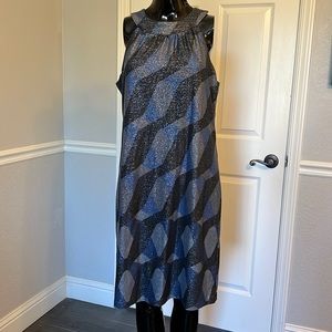 Ellie Tahari sleeveless dress, loose fully lined, black, blue & gray shimmer geo